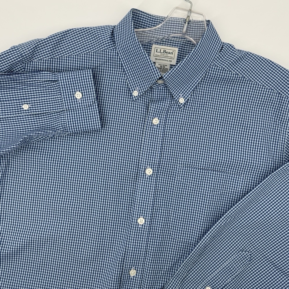 L.L. Bean Blue Gingham Button Down Shirt Men 16-33 Traditional Fit Cotton Office